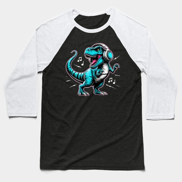 Dancing T-Rex with Headphone Baseball T-Shirt by cowyark rubbark